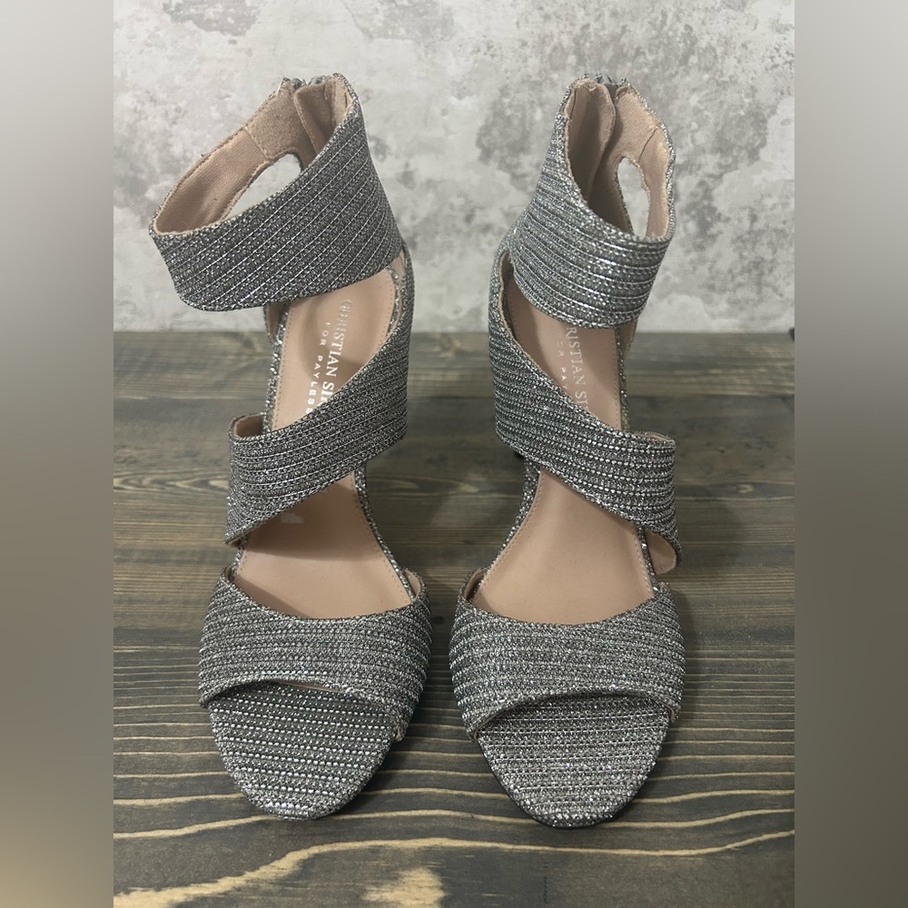 Christian Siriano Sparkly Silver Sandal Heels with Crisscross Straps, Size 6.5